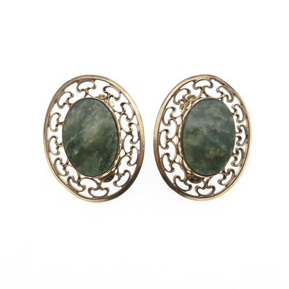 WINARD 1/20 12K Gold Filled Vintage Real Jade Filigree Clip On Earrings