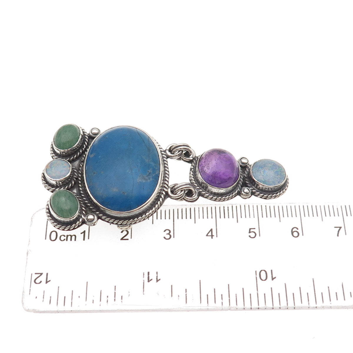 925 Sterling Silver Vintage Mexico Real Lapis Opal Amethyst & Jade Pin Pendant