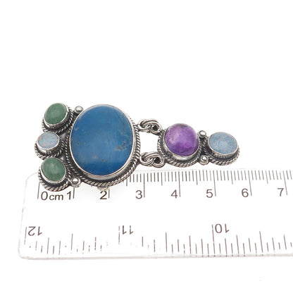 925 Sterling Silver Vintage Mexico Real Lapis Opal Amethyst & Jade Pin Pendant