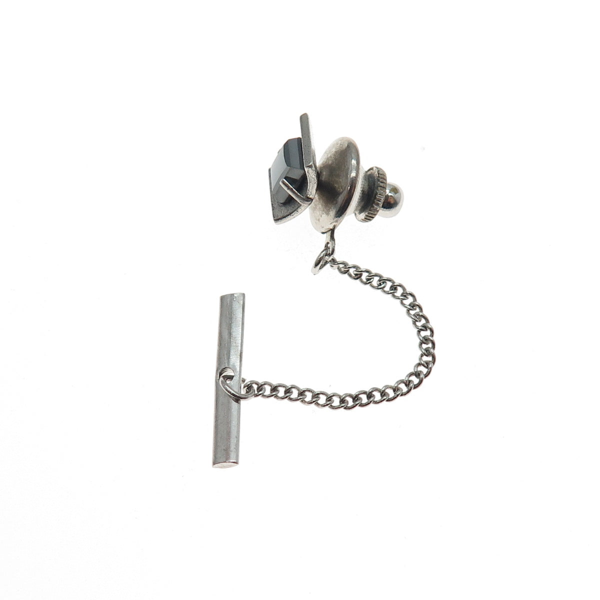 CROWN 925 Sterling Silver Vintage Real Hematite Safety Chain Tie Tack Lapel Pin