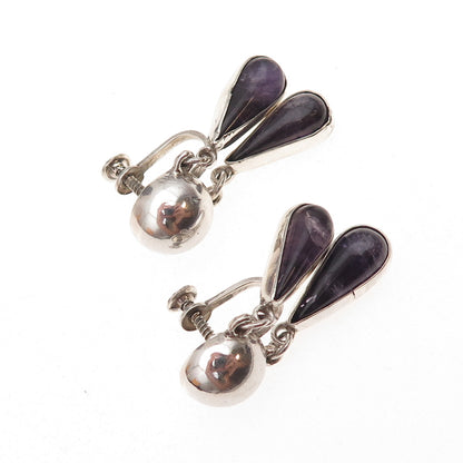 925 Sterling Silver Vintage Mexico Real Amethyst Modernist Screw Back Earrings