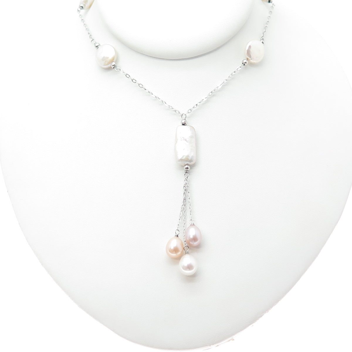 925 Sterling Silver Vintage Real Pearl Tassel Station Chain Necklace 16"