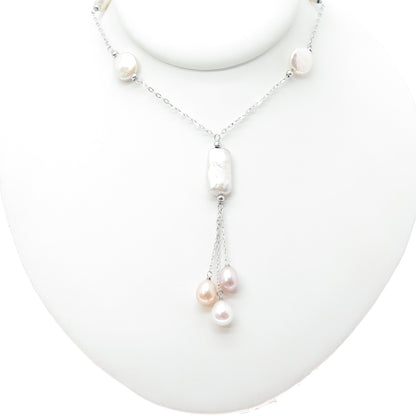 925 Sterling Silver Vintage Real Pearl Tassel Station Chain Necklace 16"