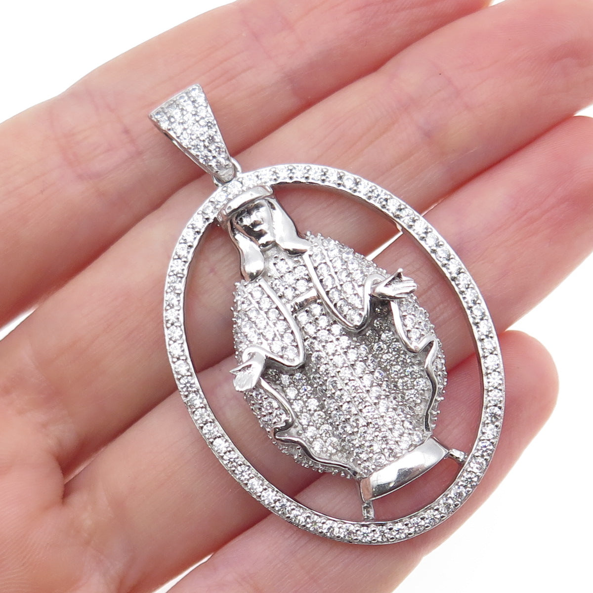 925 Sterling Silver Round-Cut C Z Jesus Charm Pendant