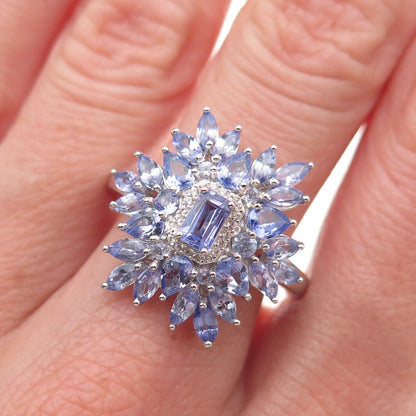 D'Joy 925 Sterling Silver Real Tanzanite & White Topaz Cluster Ring Size 8