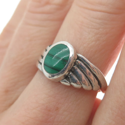 925 Sterling Silver Vintage Real Malachite Ribbed Oxidized Ring Size 7.25