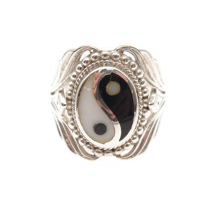 925 Sterling Silver Vintage Real Black & White Onyx Yin Yang Ring Size 10.25