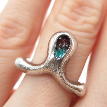 925 Sterling Silver Vintage Enamel Modernist Oxidized Ring Size 6