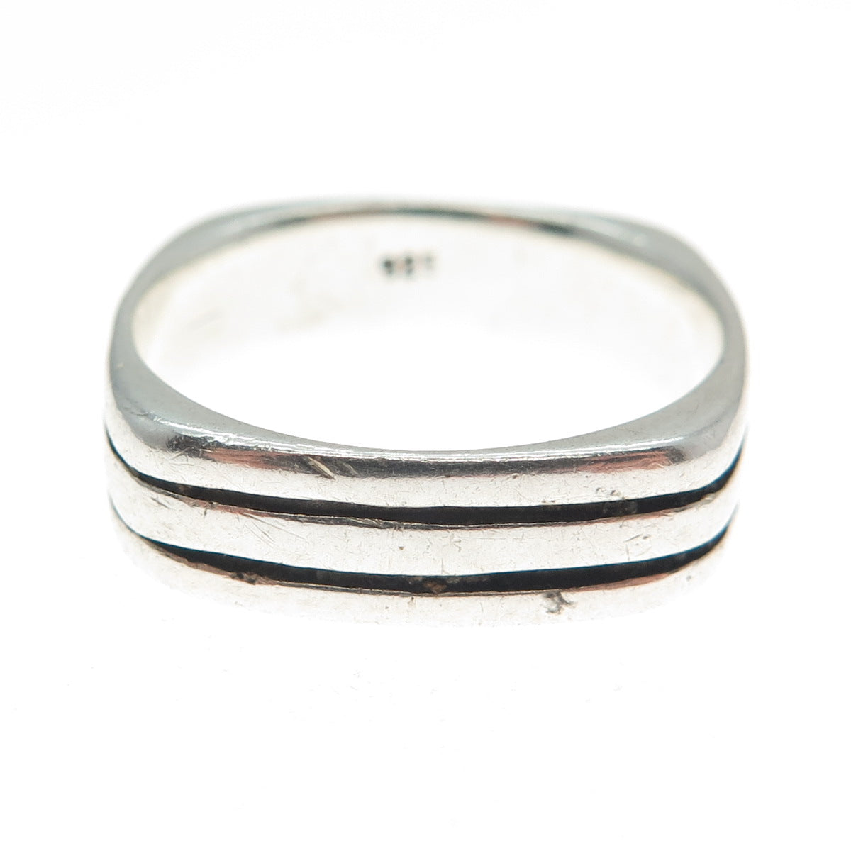 925 Sterling Silver Vintage Modernist Oxidized Lined Band Ring Size 9.25