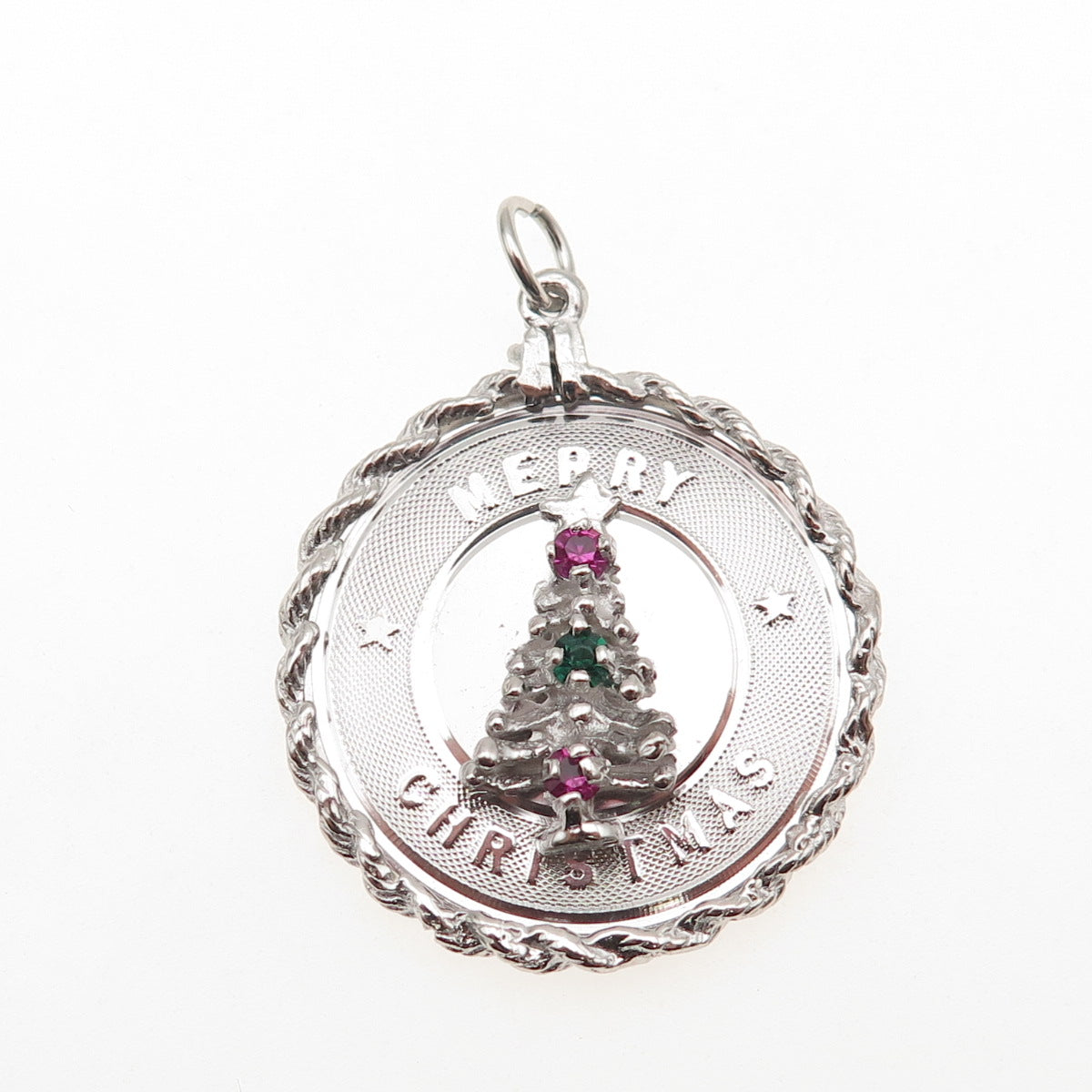 925 Sterling Silver Vintage Rhinestone Merry Christmas Tree Charm Pendant
