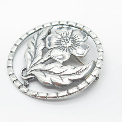 925 Sterling Silver Vintage Round Floral Pin Brooch