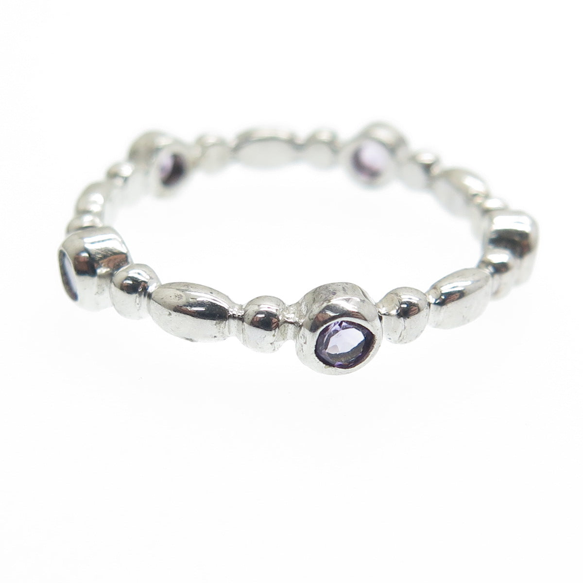 925 Sterling Silver Real Round-Cut Amethyst Gem Beaded Band Ring Size 7