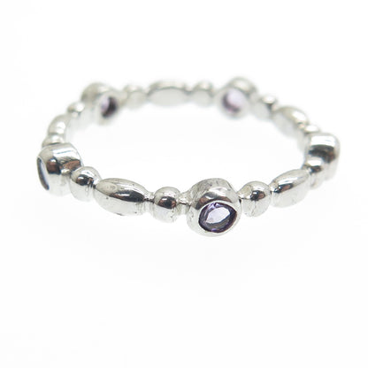 925 Sterling Silver Real Round-Cut Amethyst Gem Beaded Band Ring Size 7