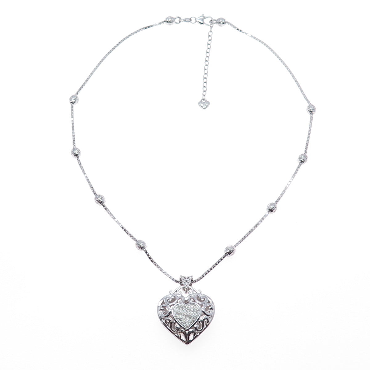 DASAN 925 Sterling Real Diamond Heart Bead By The Yard Box Chain Necklace 18-20"