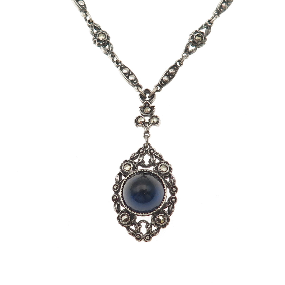 925 Sterling Antique Art Deco Real Marcasite & Blue Glass Chain Necklace 14"