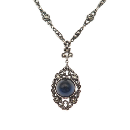 925 Sterling Antique Art Deco Real Marcasite & Blue Glass Chain Necklace 14"
