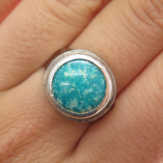 925 Sterling Silver Vintage Real Turquoise Modernist Ring Size 9.25