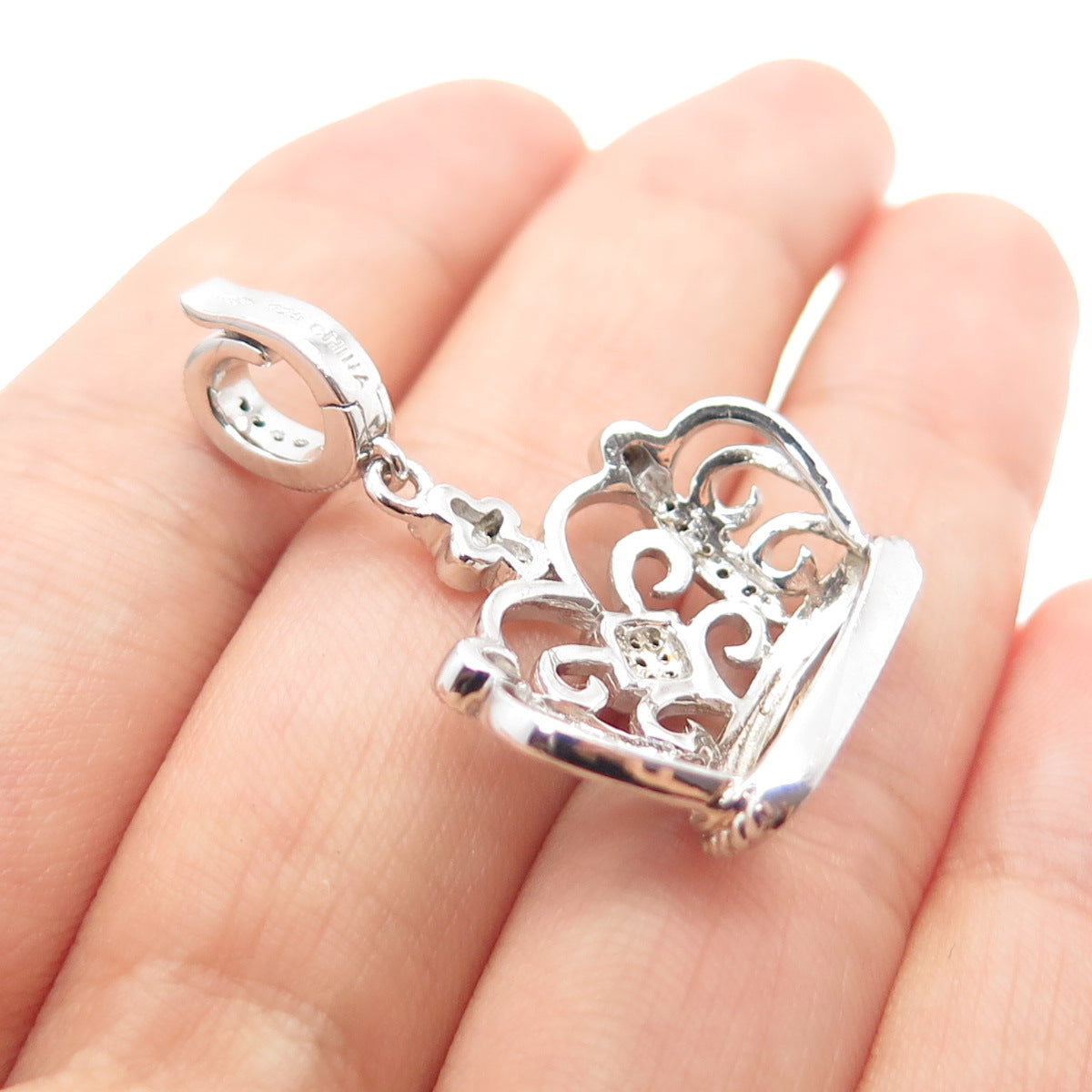 925 Sterling Silver Real Round-Cut Diamond Royal Crown Charm Pendant