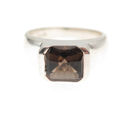 925 Sterling Silver Vintage Real Smoky Quartz Modernist Ring Size 6