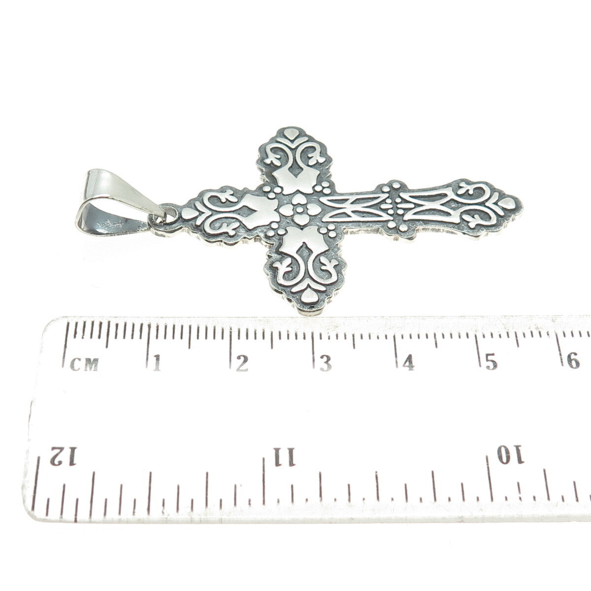 925 Sterling Silver Vintage CII Mexico Floral Cross Oxidized Pendant
