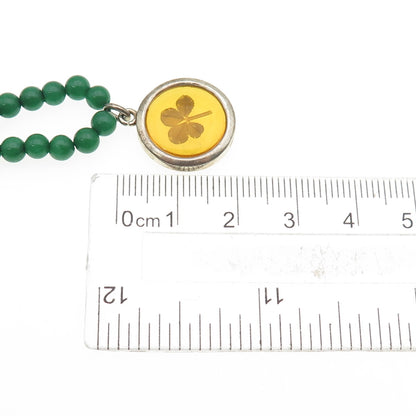 LUCKY 925 Sterling Silver Vintage Green Onyx Enamel Pressed Clover Necklace 16"