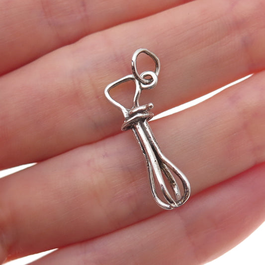 925 Sterling Silver Antique Art Deco Whisk Oxidized 3D Charm Pendant