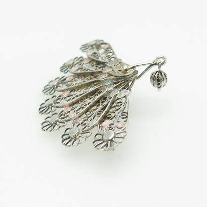 800 Silver Antique Art Deco Italy Filigree Floral Fan Pin Brooch
