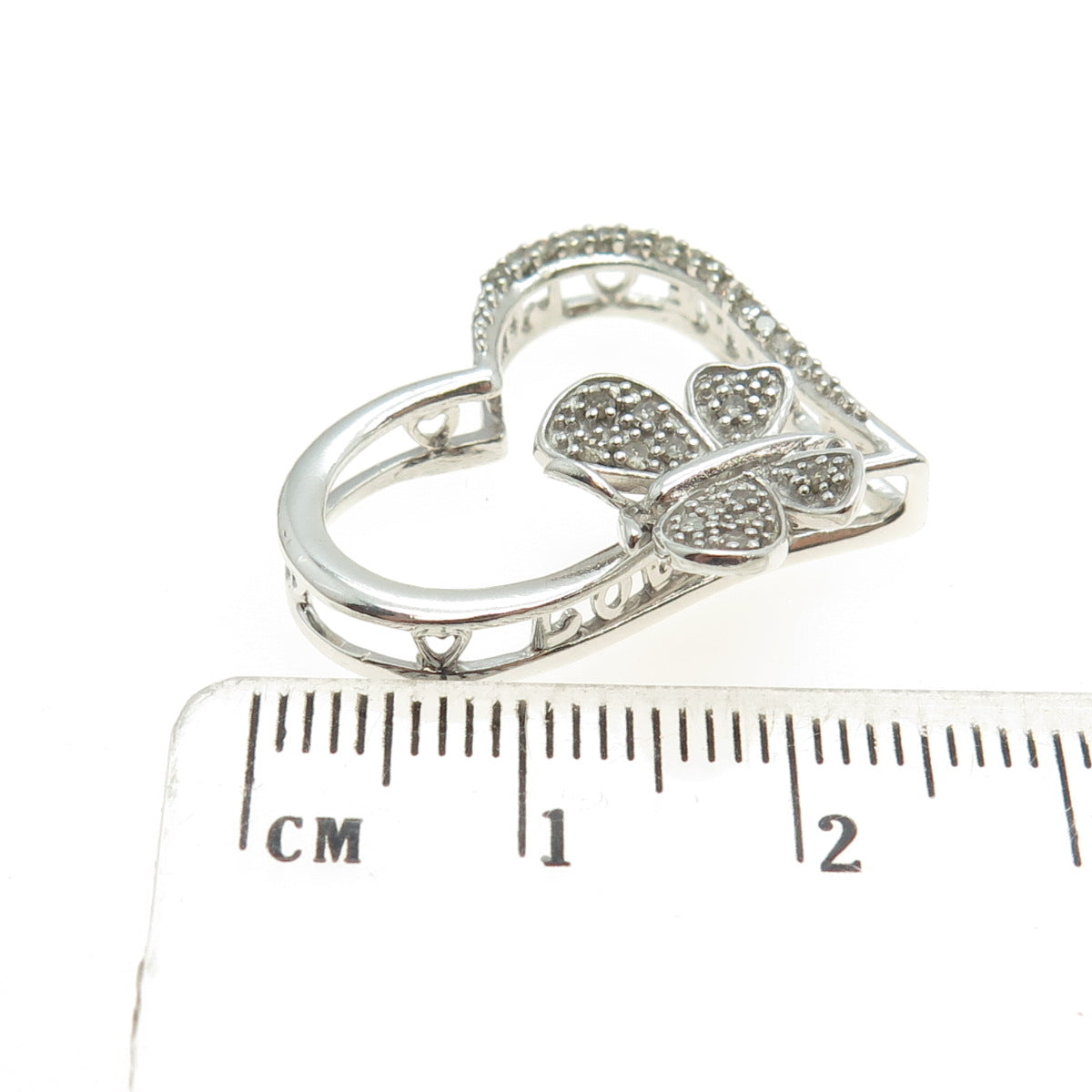 925 Sterling Silver Real Round-Cut Diamond Butterfly Heart Slide Pendant