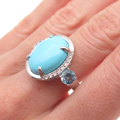 925 Sterling Silver Real Tyrone Turquoise Blue & White Topaz Ring Size 8