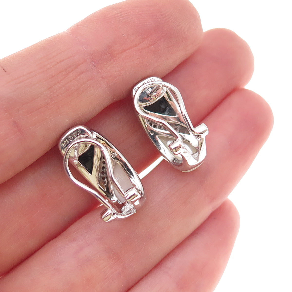 Sai 925 Sterling Silver Real Diamond Black Onyx & MOP Omega Back Earrings