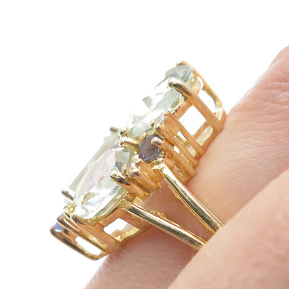 DSMK 925 Sterling Gold Plated Diamond Green Amethyst & Tanzanite Ring Size 7.75