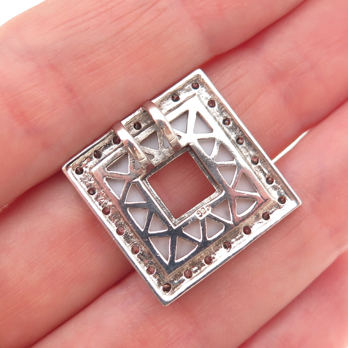 925 Sterling Silver Vintage Real MOP & C Z Square Slide Charm Pendant