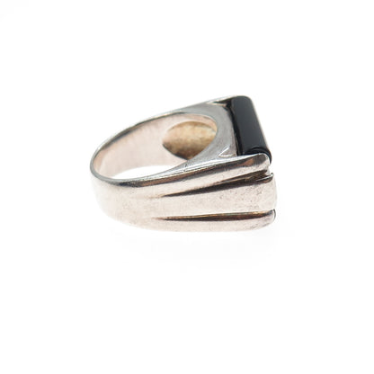 925 Sterling Silver Vintage Italy Real Black Onyx & C Z Modernist Ring Size 7.5