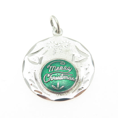 925 Sterling Silver Vintage Enamel Merry Christmas Bell Round Pendant