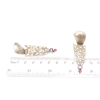 925 Sterling Silver Vintage Real Amethyst Modernist Oxidized Dangle Earrings