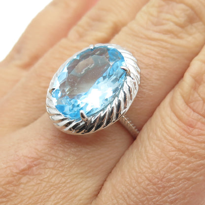 925 Sterling Silver Real Oval-Cut Blue Topaz Gem Ribbed Twisted Ring Size 6.25