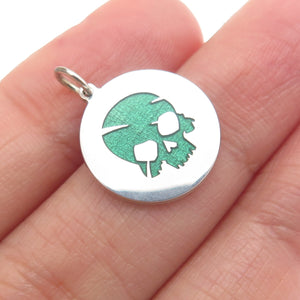 925 Sterling Silver Green Enamel Skull Round Tag Minimalist Charm Pendant