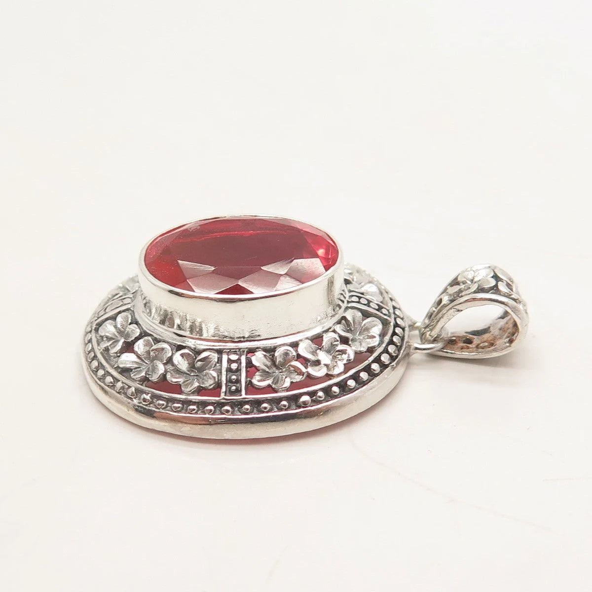 925 Sterling Silver Vintage Red Glass Ornate Pendant