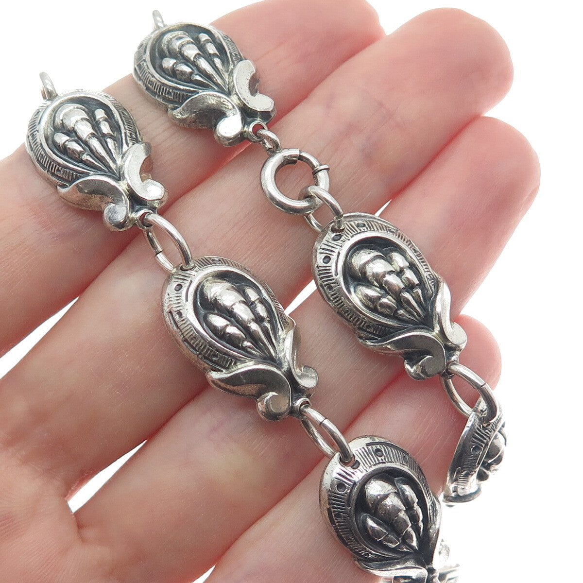 JEWELART 925 Sterling Silver Antique Art Deco Shell Oxidized Chain Necklace