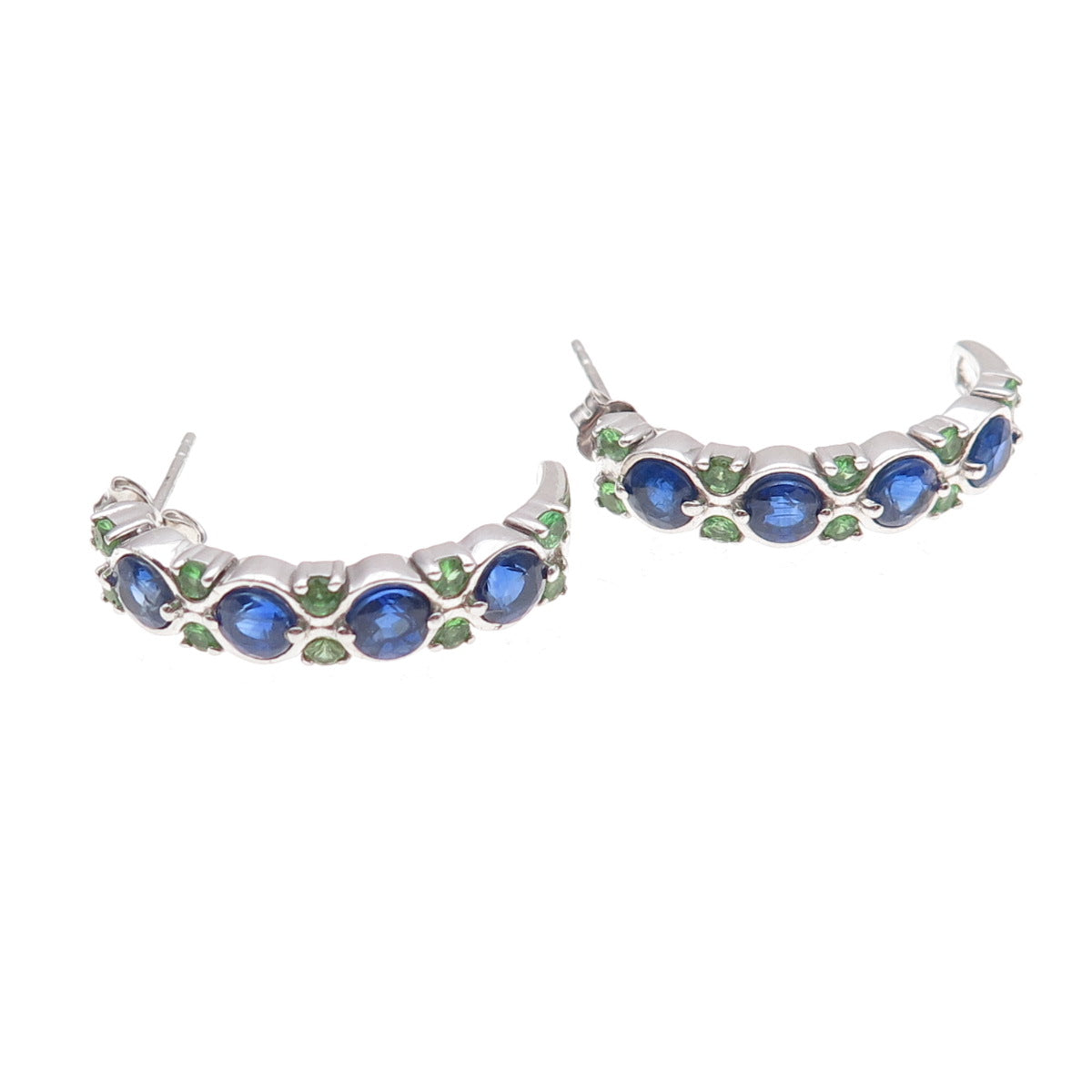 925 Sterling Silver Real Round-Cut Sapphire & Tsavorite Crescent Earrings