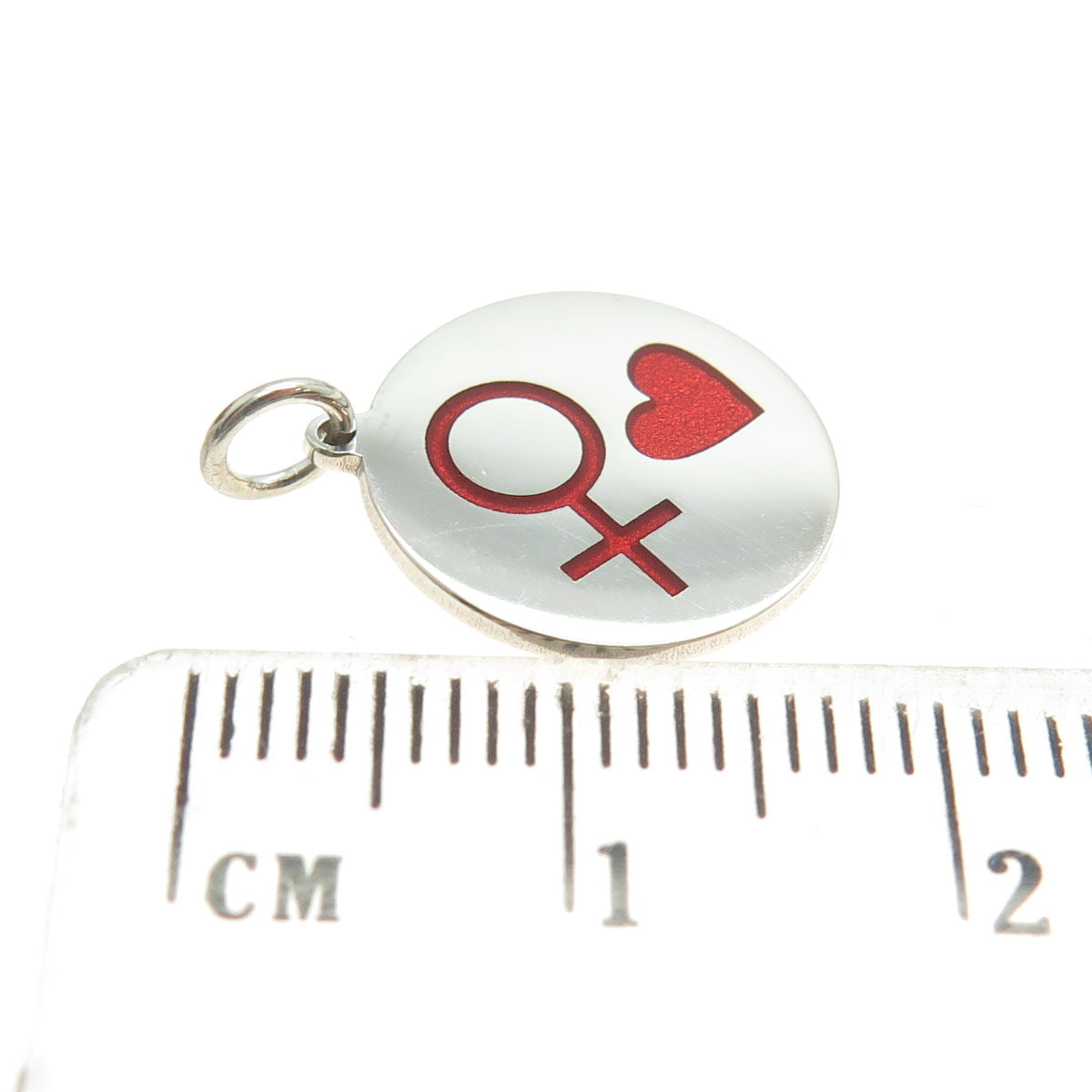 925 Sterling Silver Red Enamel Female Symbol & Heart Minimalist Charm Pendant