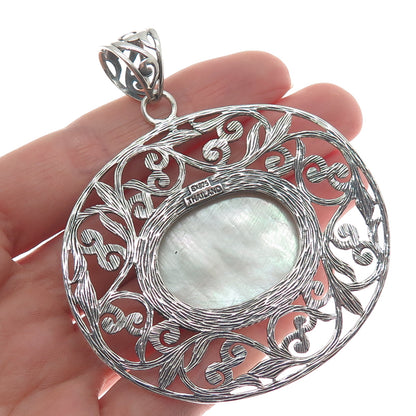 SX SALLY C 925 Sterling Silver Vintage Real MOP Ornate Floral Large Pendant