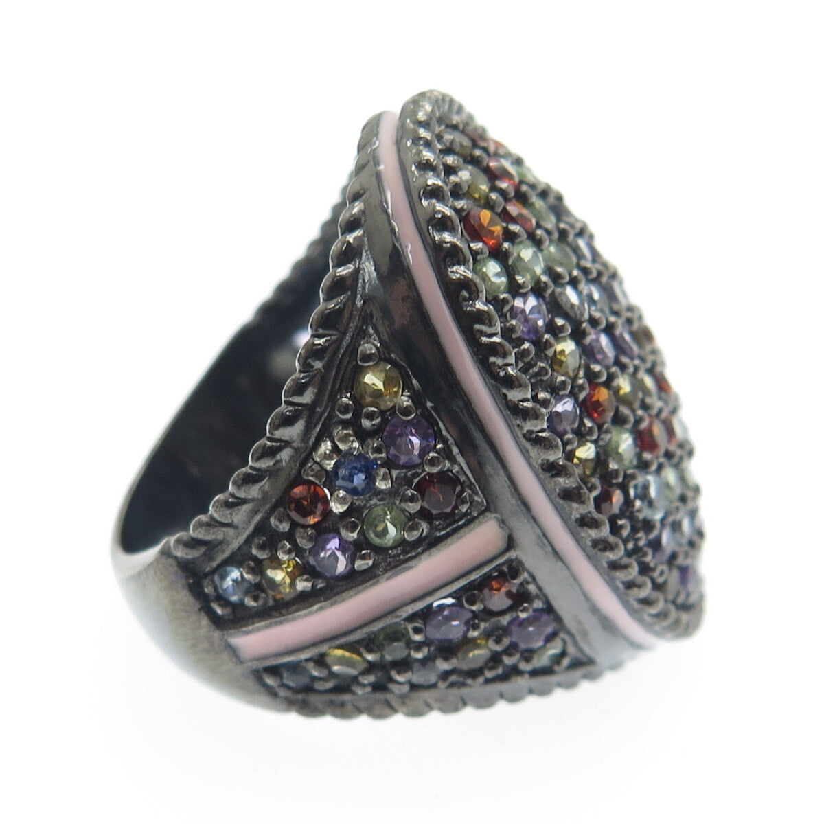 925 Sterling Silver Black Rhodium Enamel Real Multi-Color Sapphire Ring Size 7