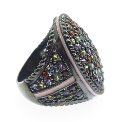 925 Sterling Silver Black Rhodium Enamel Real Multi-Color Sapphire Ring Size 7
