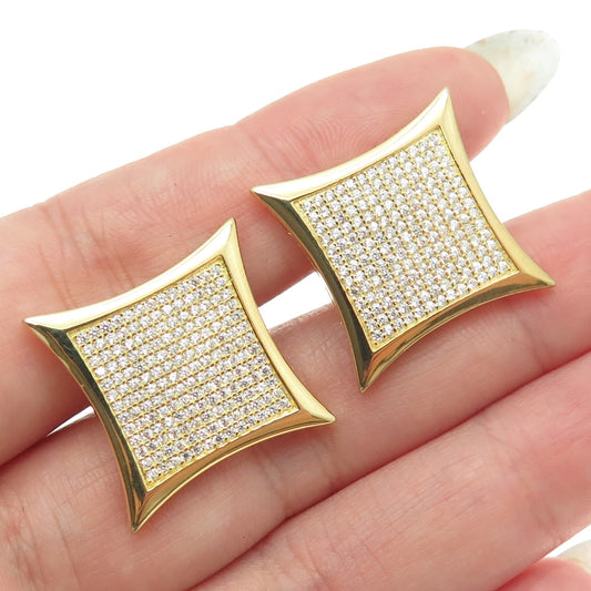 925 Sterling Silver Gold Plated Pave C Z Square Earrings