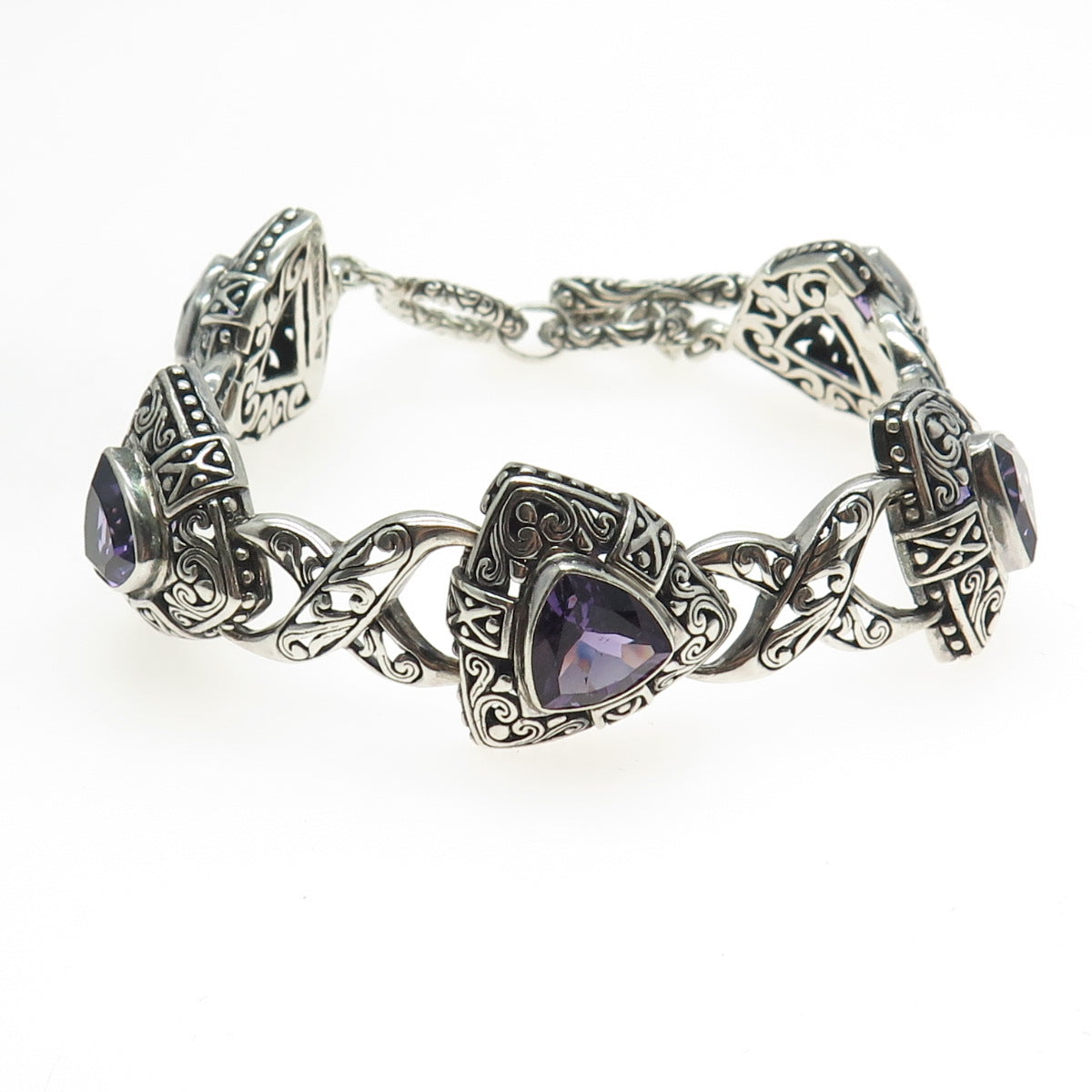 925 Sterling Silver Real Amethyst Gemstone Ornate Bracelet 8"
