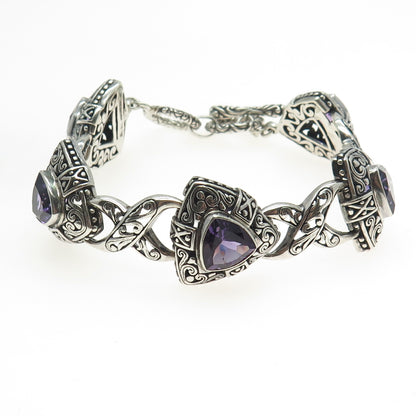 925 Sterling Silver Real Amethyst Gemstone Ornate Bracelet 8"