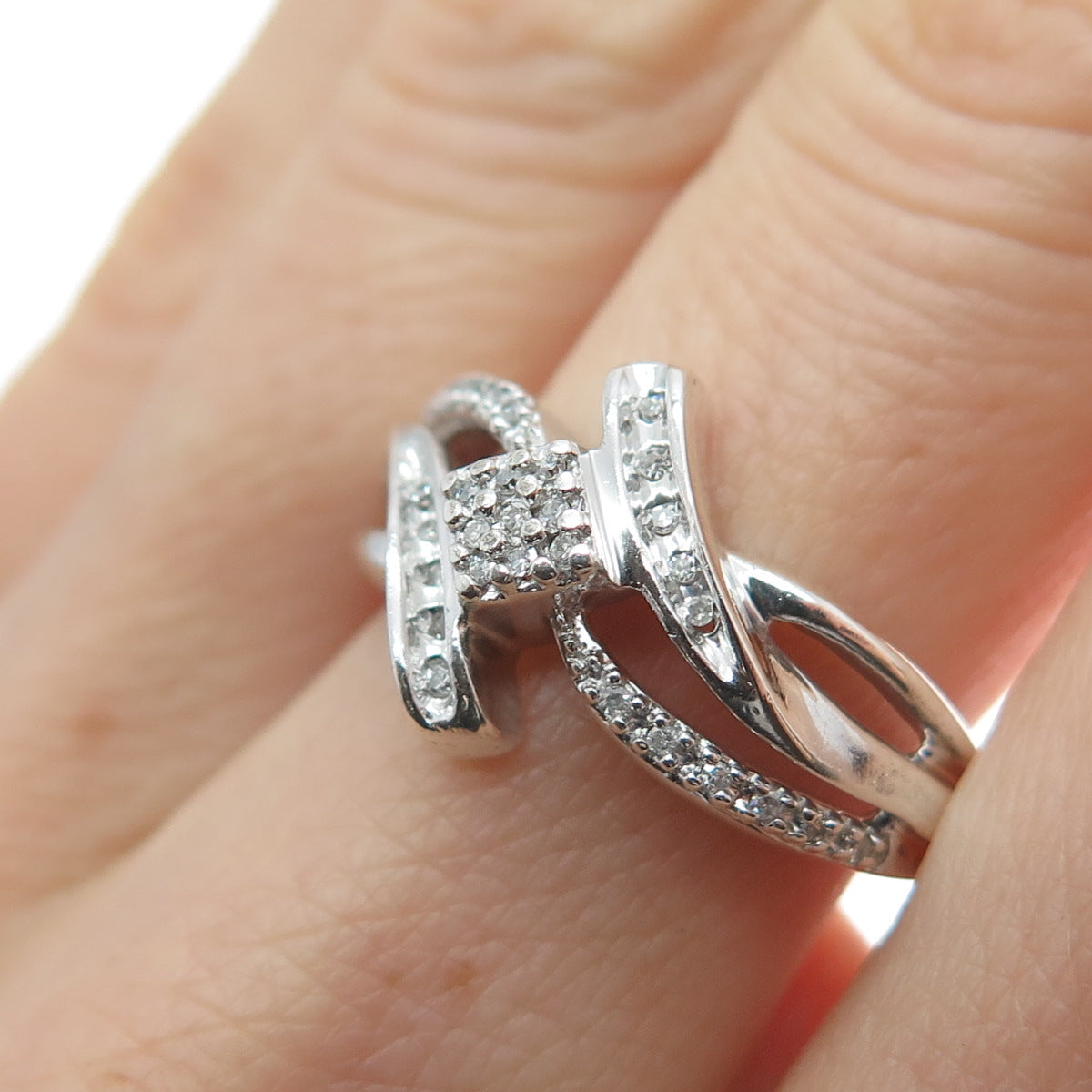 SUN 925 Sterling Silver Real Round-Cut Diamond Bypass Promise Ring Size 7