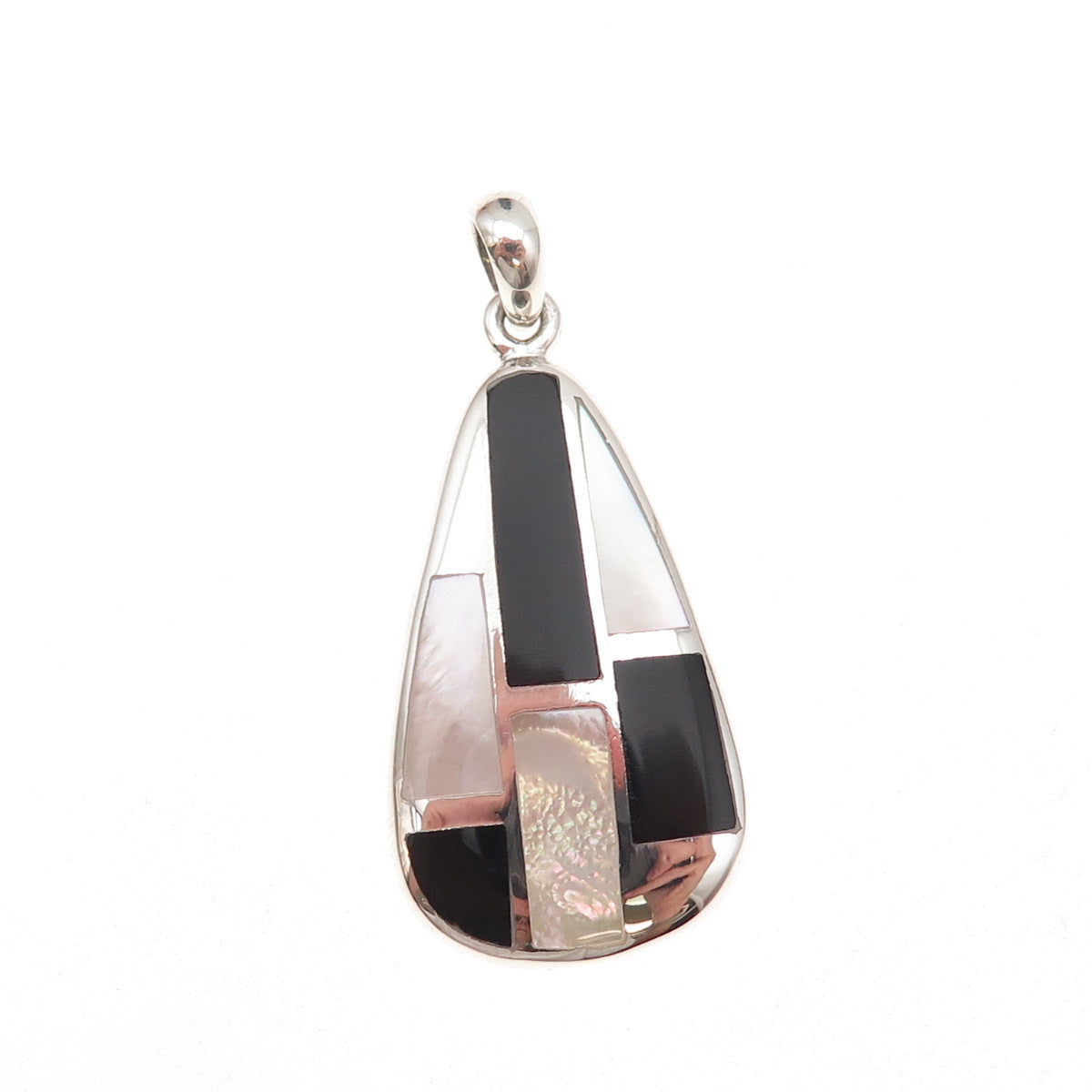 925 Sterling Silver Vintage Real Black Onyx & MOP Modernist Charm Pendant