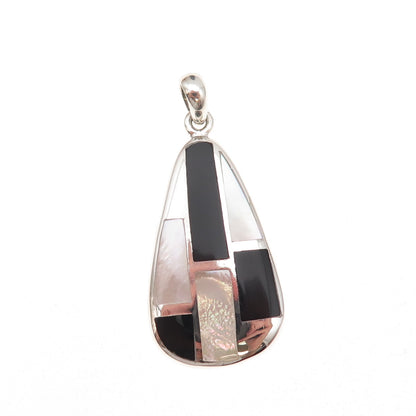 925 Sterling Silver Vintage Real Black Onyx & MOP Modernist Charm Pendant